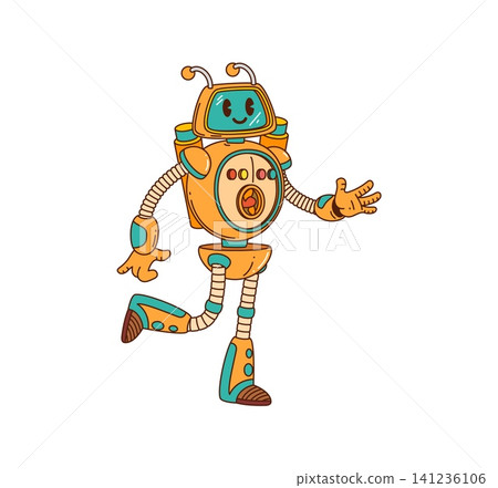 Orange running robot cartoon groovy character. Humanoid android hippie groovy mascot, mechanical droid retro groovy isolated vector personage. Cyborg robot funny funky character with screen face Orange running robot cartoon groovy character. Humanoid android hippie groovy mascot, mechanical droid retro groovy isolated vector personage. Cyborg robot funny funky character with screen face 141236106