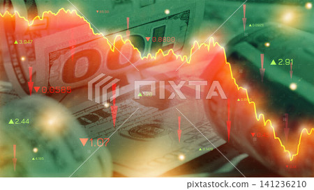 Chart showing money changes during a recession with falling values and currency notes Chart showing money changes during a recession with falling values and currency notes 141236210