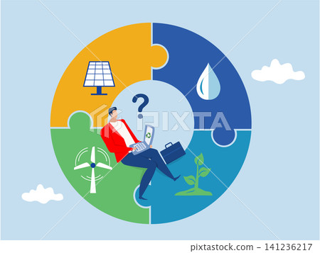 businessman using a laptop featuring environmental sustainability icons like solar and wind energy to reach a world that represents the journey towards upward growth trends. businessman using a laptop featuring environmental sustainability icons like solar and wind energy to reach a world that represents the journey towards upward growth trends. 141236217