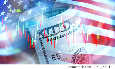 Chart shows money values and trends against the backdrop of the American flag Chart shows money values and trends against the backdrop of the American flag 141236218