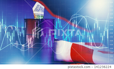 Financial chart shows decline with American flag and money symbols in recession context Financial chart shows decline with American flag and money symbols in recession context 141236224
