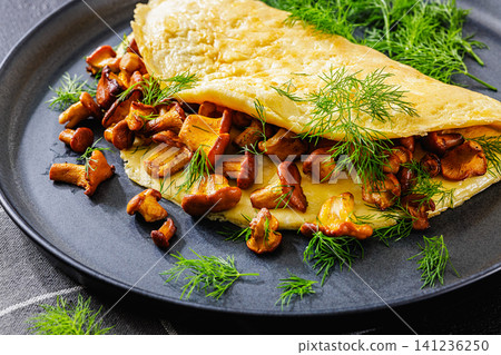 Egg omelet with fried wild chanterelles and dill Egg omelet with fried wild chanterelles and dill 141236250