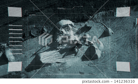 Surveillance view of land with equipment and structures at construction site Surveillance view of land with equipment and structures at construction site 141236310