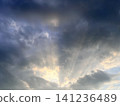 美麗的陽光透過雲層縫隙灑下。壯麗的日落和充滿希望的天空背景。 141236489
