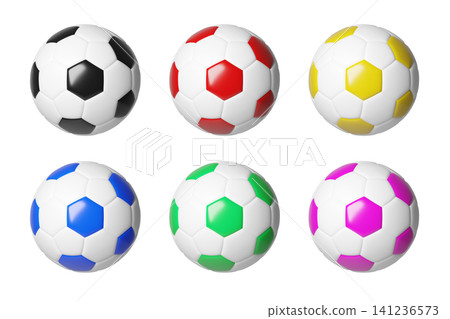 Set of colored soccer ball isolated on background. Black, red, blue, green, yellow, pink Sports equipment for football, recreation, and competition. 3d render Set of colored soccer ball isolated on background. Black, red, blue, green, yellow, pink Sports equipment for football, recreation, and competition. 3d render 141236573