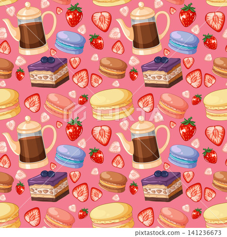 Seamless Vector Pattern with Coffee Pots Macarons and Fresh Strawberries Seamless Vector Pattern with Coffee Pots Macarons and Fresh Strawberries 141236673