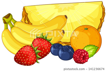 Assorted Fresh Fruits Including Banana Pineapple Orange and Berries Vector Art 141236674