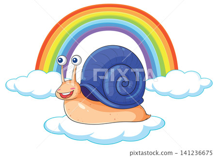 Cartoon Snail with Blue Shell Resting on Clouds Under Rainbow Cartoon Snail with Blue Shell Resting on Clouds Under Rainbow 141236675