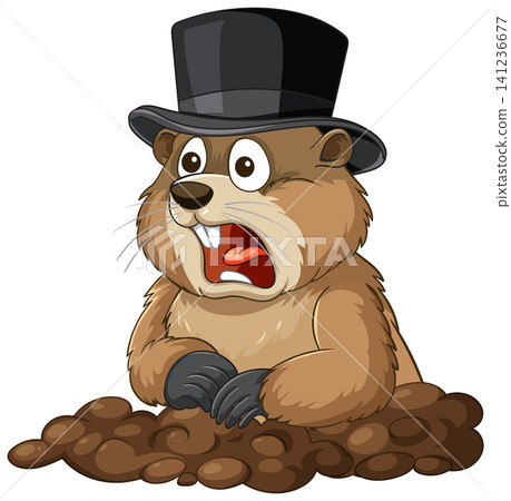 Surprised Groundhog in Top Hat Emerging from Burrow Surprised Groundhog in Top Hat Emerging from Burrow 141236677