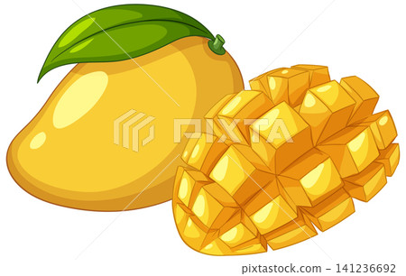Vector Illustration of Whole Ripe Mango and Diced Mango Cubes Vector Illustration of Whole Ripe Mango and Diced Mango Cubes 141236692