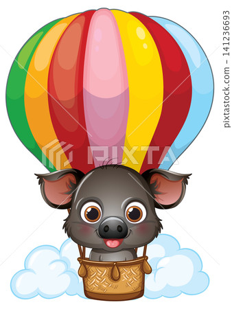 Cute Cartoon Boar Flying in a Colorful Hot Air Balloon 141236693