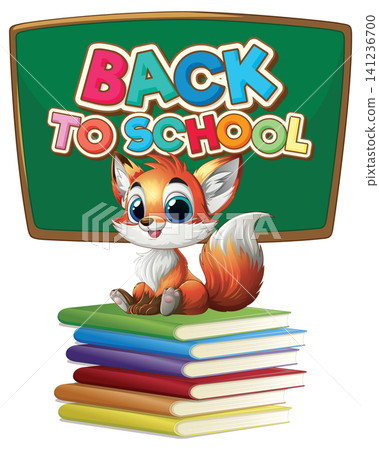 Cartoon Fox Sitting on Stack of Books with Chalkboard Background Cartoon Fox Sitting on Stack of Books with Chalkboard Background 141236700