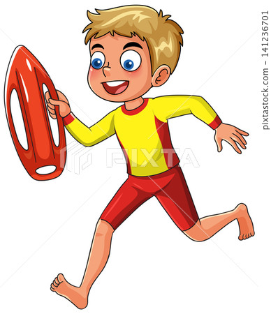 Young Boy Lifeguard Running with Red Rescue Buoy Vector Illustration Young Boy Lifeguard Running with Red Rescue Buoy Vector Illustration 141236701