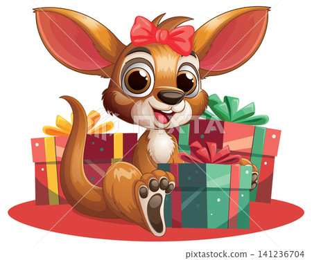 Cute Cartoon Kangaroo with Red Bow Sitting Among Colorful Gift Boxes Cute Cartoon Kangaroo with Red Bow Sitting Among Colorful Gift Boxes 141236704
