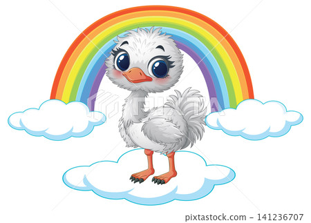 Cute Cartoon Baby Ostrich Standing on Cloud with Rainbow Background Cute Cartoon Baby Ostrich Standing on Cloud with Rainbow Background 141236707
