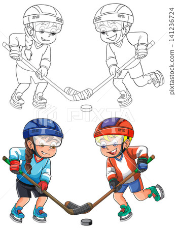 Cartoon Boy and Girl Playing Ice Hockey Vector Illustration Set Cartoon Boy and Girl Playing Ice Hockey Vector Illustration Set 141236724