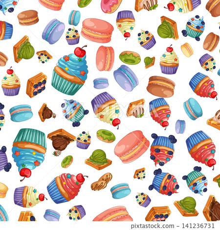 Seamless Vector Pattern of Colorful Cupcakes Macarons and Sweet Pastries Seamless Vector Pattern of Colorful Cupcakes Macarons and Sweet Pastries 141236731