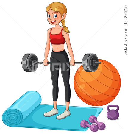 Cartoon Woman Lifting Barbell with Gym Equipment on White Background Cartoon Woman Lifting Barbell with Gym Equipment on White Background 141236732