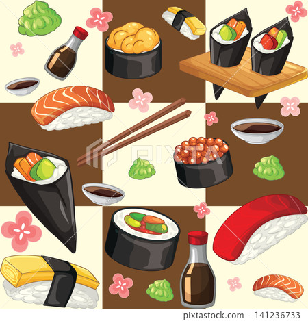 Seamless Vector Pattern of Assorted Sushi and Japanese Cuisine Elements 141236733