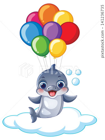 Cute Cartoon Dolphin Floating on a Cloud with Colorful Balloons Cute Cartoon Dolphin Floating on a Cloud with Colorful Balloons 141236735