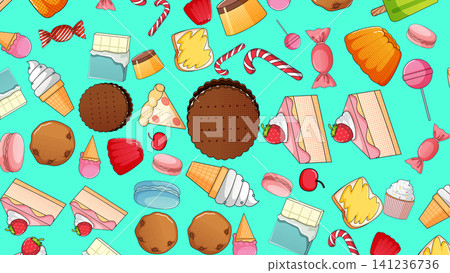 Colorful Pop Art Pattern of Various Sweets and Dessert Illustrations Colorful Pop Art Pattern of Various Sweets and Dessert Illustrations 141236736