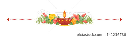Diwali horizontal divider vector border. Clay diya oil lamp with flame, decorated with yellow roses, hibiscus flowers, green leaves and dotted line element on white background. Diwali horizontal divider vector border. Clay diya oil lamp with flame, decorated with yellow roses, hibiscus flowers, green leaves and dotted line element on white background. 141236786