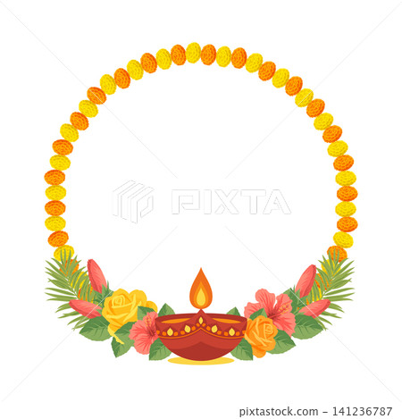 Diwali circular wreath vector frame. Round border of orange and yellow marigold garland decorated with burning clay diya, roses and hibiscus flowers. Elegant holiday design on white background. Diwali circular wreath vector frame. Round border of orange and yellow marigold garland decorated with burning clay diya, roses and hibiscus flowers. Elegant holiday design on white background. 141236787
