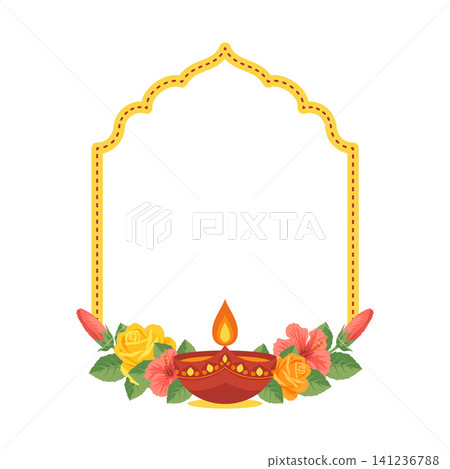 Diwali festival vector frame. Arch shaped border decorated with burning clay diya lamp, yellow roses and red hibiscus flowers. Elegant invitation template isolated on white background. Diwali festival vector frame. Arch shaped border decorated with burning clay diya lamp, yellow roses and red hibiscus flowers. Elegant invitation template isolated on white background. 141236788