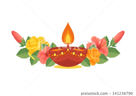 Diwali festival celebration vector illustration. Clay diya oil lamp burning with beautiful flowers, yellow roses and hibiscus on white background. Elegant floral border or frame element. Diwali festival celebration vector illustration. Clay diya oil lamp burning with beautiful flowers, yellow roses and hibiscus on white background. Elegant floral border or frame element. 141236790