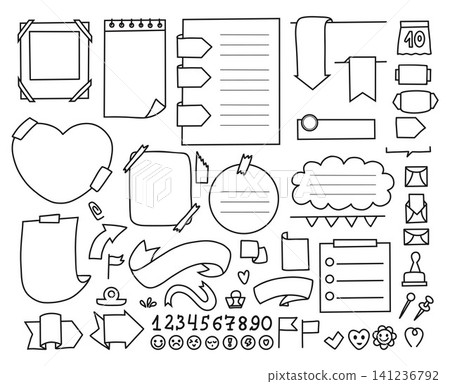 Bullet Journal Elements and Memo Pads Big Set. Blank Note Paper Templates, Reminder, To Do List, Sheet,, Ribbon Banners, Photo Frames and Numbers. Isolated Line-Art Doodles. Vector Illustration. Bullet Journal Elements and Memo Pads Big Set. Blank Note Paper Templates, Reminder, To Do List, Sheet,, Ribbon Banners, Photo Frames and Numbers. Isolated Line-Art Doodles. Vector Illustration. 141236792