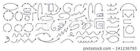 Doodle UI Arrows Mega Set. Hand Drawn Interface Pointers And Indicators, Cursors, Directions For Dashboard Design. Vector Illustration. Minimalist Outline  Wireframe Elements On White Background. 141236793