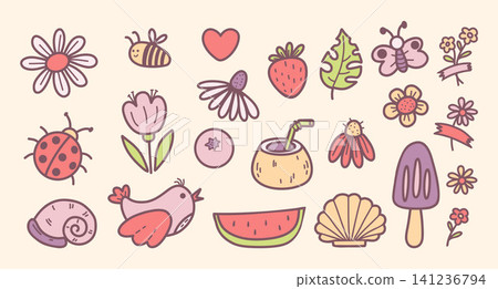 Summer with Tropical Fruit and Beach Doodles Elements. Cute Colored Clipart, Bird, Butterfly, Bee, Ladybug and Seashells, Ice Cream, Flowers and Watermelon. Isolated Pastel Vector Hand Drawn.. Summer with Tropical Fruit and Beach Doodles Elements. Cute Colored Clipart, Bird, Butterfly, Bee, Ladybug and Seashells, Ice Cream, Flowers and Watermelon. Isolated Pastel Vector Hand Drawn.. 141236794