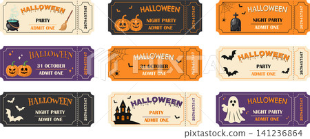 Halloween party ticket templates set with spooky characters and illustrations Halloween party ticket templates set with spooky characters and illustrations 141236864