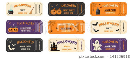 Halloween party ticket templates set with spooky characters and illustrations Halloween party ticket templates set with spooky characters and illustrations 141236918