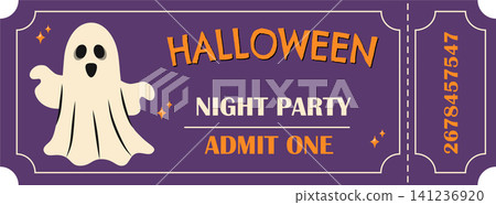 Halloween night party ticket template with cute spooky ghost icon on purple background Halloween night party ticket template with cute spooky ghost icon on purple background 141236920
