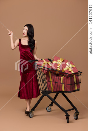 Woman carrying shopping bags after a festive sale 141237613
