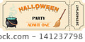 Halloween party ticket template with witch cauldron and broomstick icon 141237798