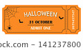 Halloween party ticket template with spider web icon on orange background 141237800