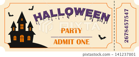 Halloween party ticket template with haunted house silhouette and flying bats Halloween party ticket template with haunted house silhouette and flying bats 141237801