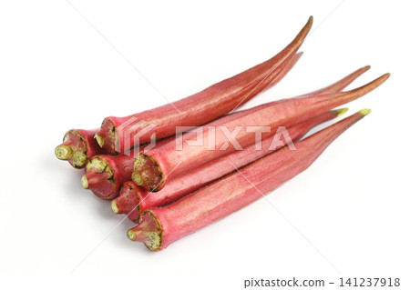 Long, red okra purchased at a direct sales market. Long, red okra purchased at a direct sales market. 141237918