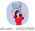 Girl experiences panic attack and clutches head, needing treatment from psychotherapist or psychologist Panic attack  mental health concept vector 141237920
