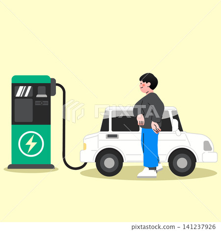 A person stands next to a white electric car while it is connected to a charging station. The scene shows a sunny day with a light background. A person stands next to a white electric car while it is connected to a charging station. The scene shows a sunny day with a light background. 141237926