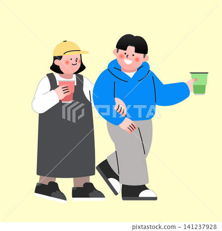 Two people walk side by side in a sunny place. One person holds a drink while the other has a drink in one hand. They look happy and relaxed. Two people walk side by side in a sunny place. One person holds a drink while the other has a drink in one hand. They look happy and relaxed. 141237928