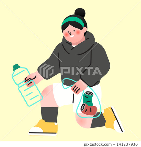 A young person is kneeling outdoors wearing sports clothing. They hold a water bottle in one hand and a bag containing cans in the other hand. The scene shows active life and sports. 141237930