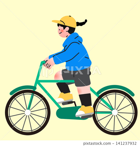A child is riding a green bicycle. They wear a blue hoodie, black shorts, yellow shoes, and a yellow cap. The background is bright and cheerful, making the scene lively. A child is riding a green bicycle. They wear a blue hoodie, black shorts, yellow shoes, and a yellow cap. The background is bright and cheerful, making the scene lively. 141237932