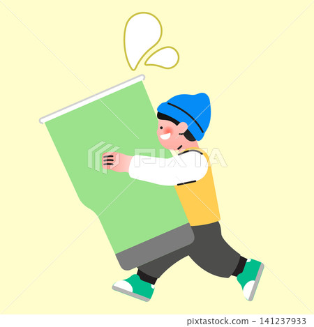 A child runs happily while carrying a big green drink. The child wears a blue hat and a yellow shirt. The background is light, and some droplets suggest movement. A child runs happily while carrying a big green drink. The child wears a blue hat and a yellow shirt. The background is light, and some droplets suggest movement. 141237933