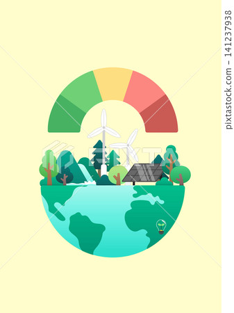 The scene shows wind turbines, solar panels, mountains, trees, and a globe. It highlights the importance of using clean energy and protecting nature for better living conditions. The scene shows wind turbines, solar panels, mountains, trees, and a globe. It highlights the importance of using clean energy and protecting nature for better living conditions. 141237938