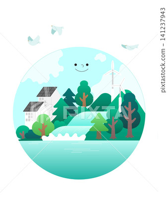 A landscape shows a smiling circle with a river, trees, houses, and a wind turbine. Birds fly in the sky above. The scene is bright and colorful. A landscape shows a smiling circle with a river, trees, houses, and a wind turbine. Birds fly in the sky above. The scene is bright and colorful. 141237943