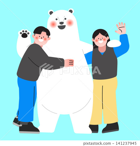 Two children are standing next to a cartoon polar bear. They are smiling and engaging with the bear. The background is a light blue color. The setting appears cheerful and playful. Two children are standing next to a cartoon polar bear. They are smiling and engaging with the bear. The background is a light blue color. The setting appears cheerful and playful. 141237945