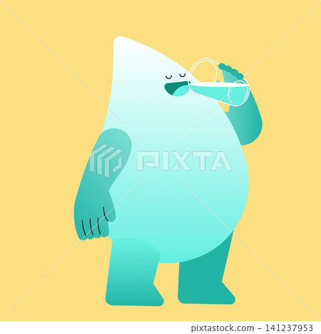 A character in a fun style stands on a yellow background. The character holds a glass and drinks with a smile. The design is simple and colorful. 141237953